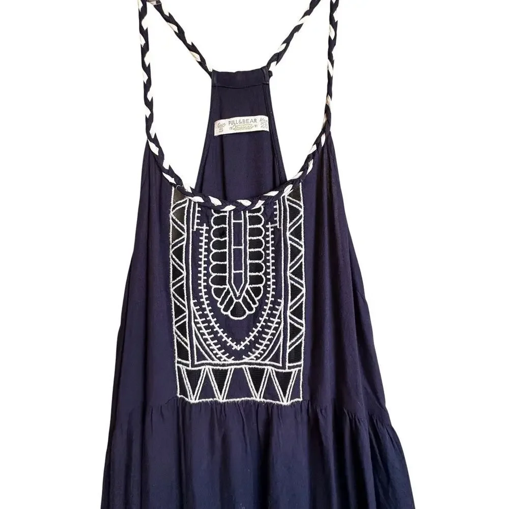 Pull & Bear Navy Embroidered Maxi Dress Boho Racerback Sleeveless Small